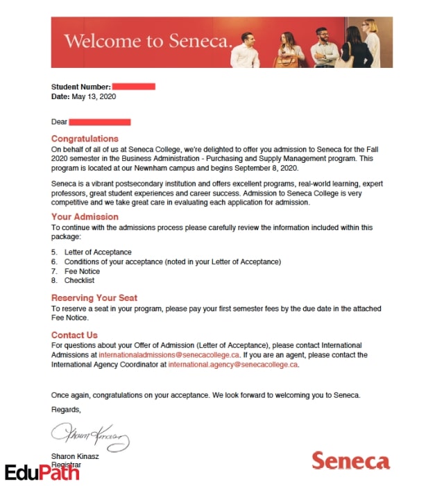 Thư mời nhập học của trường Seneca